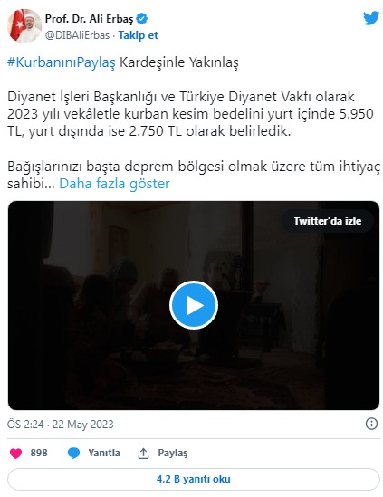 Diyanet İşleri Başkanı Erbaş, 2023 yılı vekaletle kurban kesim bedellerini açıkladı